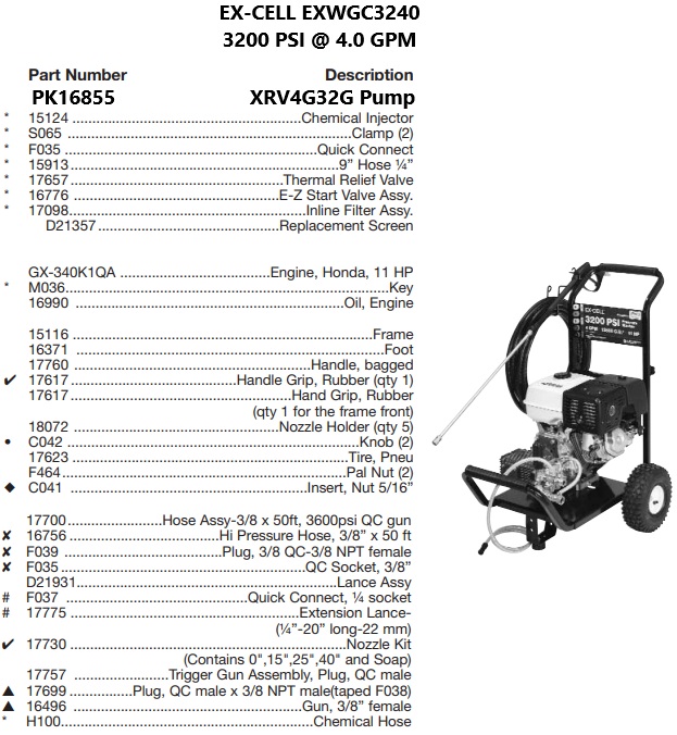 EX-CELL model EXWGC3240 power washer parts